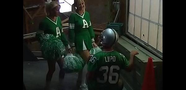  Five hot cheerleaders with strap-ons ass fuck a horny hunk in the locker room